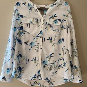 Chico's White Button-Front Blouse with Blue & Green Floral Print Size 0